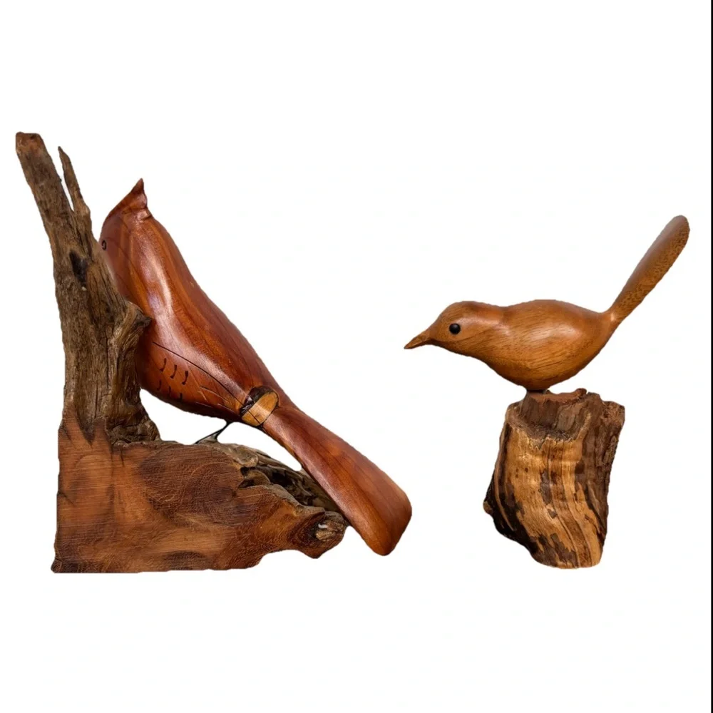 Handcrafted Wooden Bird Figurines On Rustic Wood Artsy Beachy MCM - Picture 2 of 11